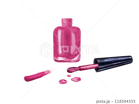 Pink open nail polish bottle with brush and spill puddle, drops watercolor illustration clip art in realistic style. Collage for beauty and cosmetics, manicure, for salon design, poster 118504355