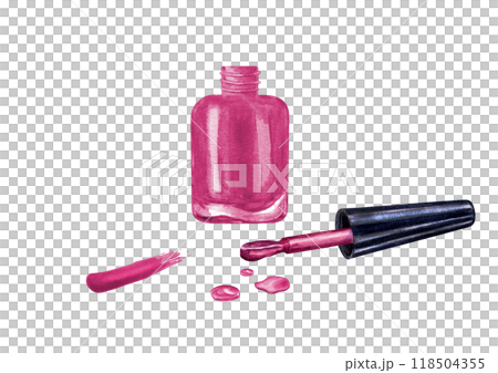 Pink open nail polish bottle with brush and spill puddle, drops watercolor illustration clip art in realistic style. Collage for beauty and cosmetics, manicure, for salon design, poster 118504355