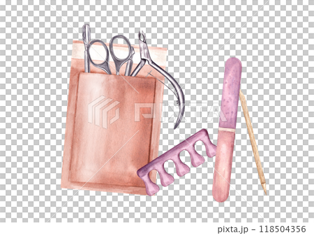 Manicure tools in paper heat drybag, double sided nail file, wood stick and separator watercolor illustration clip art. Sterilization of nail scissors, trimmer, cuticle pusher. Beauty care 118504356