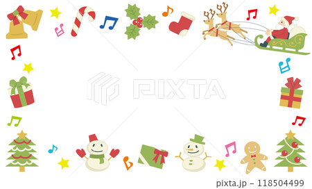 白背景のクリスマスのフレーム(サンタとツリーと音符) 白背景のクリスマスのフレーム(サンタとツリーと音符) 118504499