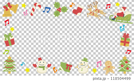 白背景のクリスマスのフレーム(サンタとツリーと音符) 白背景のクリスマスのフレーム(サンタとツリーと音符) 118504499