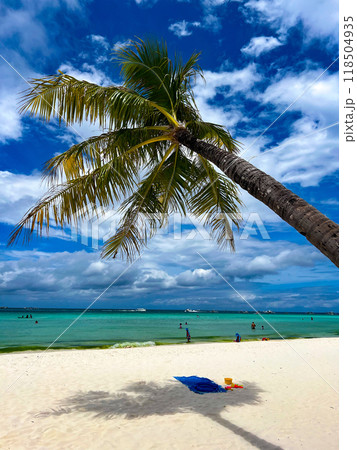 A leaning palm tree on the White beach, Boracay against blue sky and ocean. High quality photo A leaning palm tree on the White beach, Boracay against blue sky and ocean. High quality photo 118504935