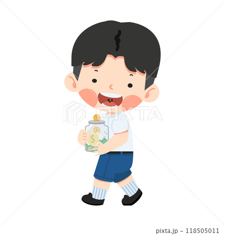 Boy student holding glass of money jar coin Boy student holding glass of money jar coin 118505011