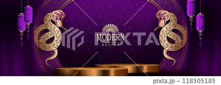 Happy Chinese New Year, purple card with snakes and round podium 118505185