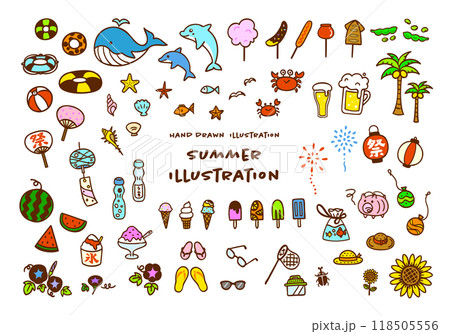 かわいい手描きの夏カラーイメージイラストセット 118505556