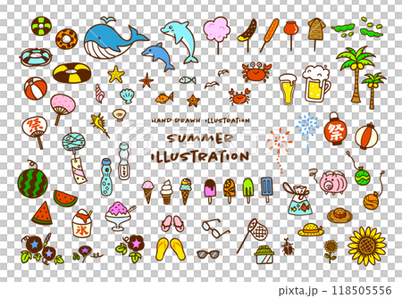 可愛的手繪夏季彩色圖像插圖集 118505556