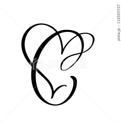 Hand drawn vector calligraphy love letter C. Vintage heart monogram. Script capital font logo. Handwritten brush style. element Valentine flourish. sign for page decoration design illustration 118505557
