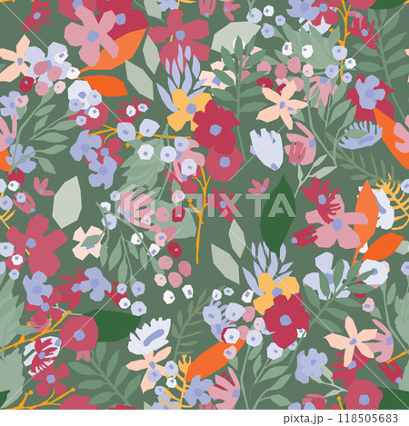 A seamless floral pattern featuring blooms and leaves 118505683