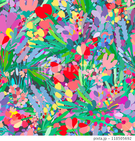 Seamless pattern of colorful flowers and leaves 118505692