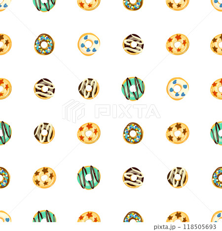 Seamless donut pattern on white background with various toppings Seamless donut pattern on white background with various toppings 118505693