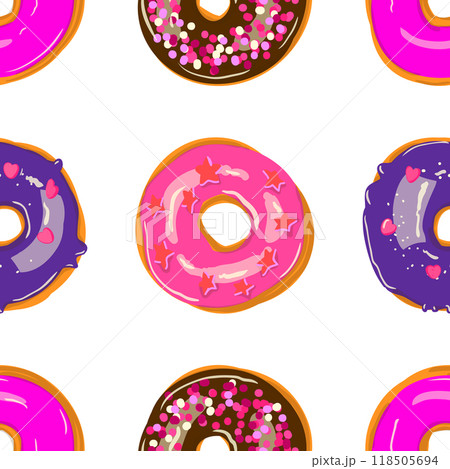 Seamless donut pattern on white background with various pink and chocolate toppings 118505694