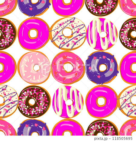Seamless donut pattern on white background with various pink and chocolate toppings Seamless donut pattern on white background with various pink and chocolate toppings 118505695