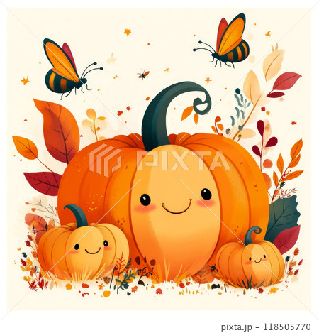 Cute baby illustration with pumpkin kawaii style and bees 118505770