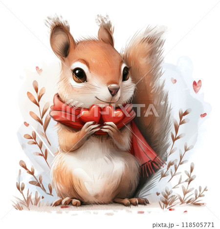 Cute squirrel holds hearts in its paws 118505771