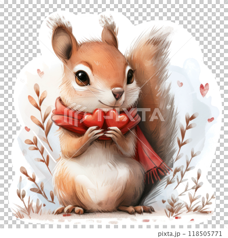 Cute squirrel holds hearts in its paws 118505771