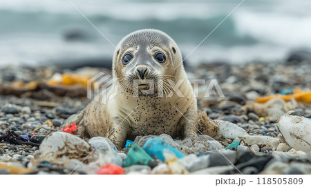 プラスチックゴミに囲まれた海岸のアザラシ 118505809