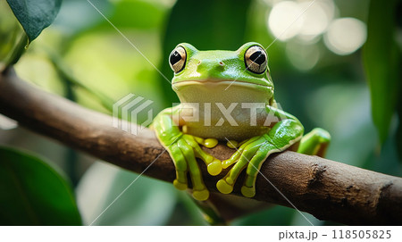木の枝に座る緑のカエル 118505825