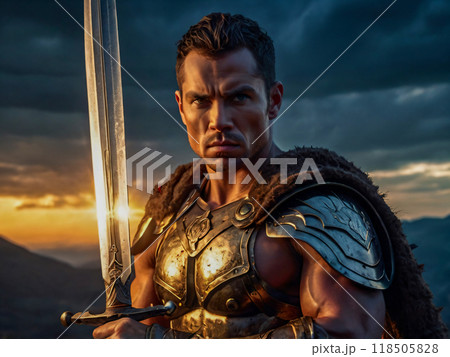 wounded gladiator with sword covered in blood with blood 118505828