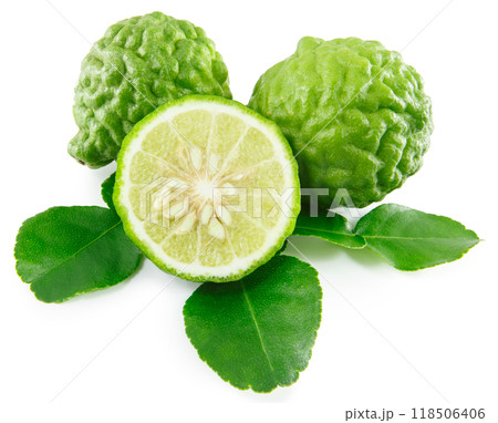 Bergamot and kaffir lime leaves on white background 118506406