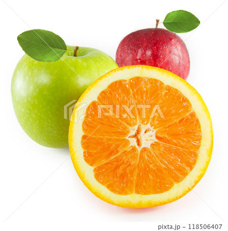Two apples and oranges on a white background. Isolated. Two apples and oranges on a white background. Isolated. 118506407