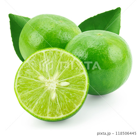 Limes with slice and leaves isolated on white background 118506445