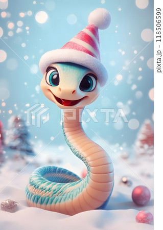A snake by the Christmas tree wearing a Santa Claus hat, New Year's Eve 2025 118506599