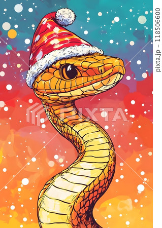 A snake by the Christmas tree wearing a Santa Claus hat, New Year's Eve 2025	 118506600