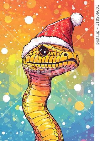 A snake by the Christmas tree wearing a Santa Claus hat, New Year's Eve 2025	 118506601