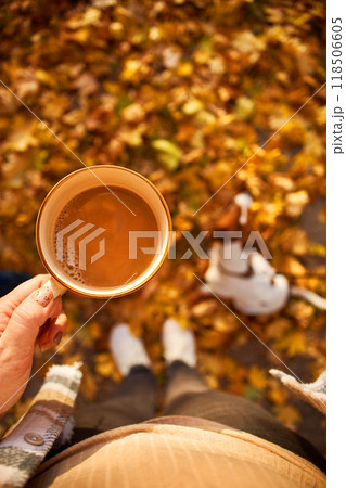 Autumn mood. Top view of a female figure with a mug of coffee against the background of fallen orange leaves, a pumpkin and a dog 118506605
