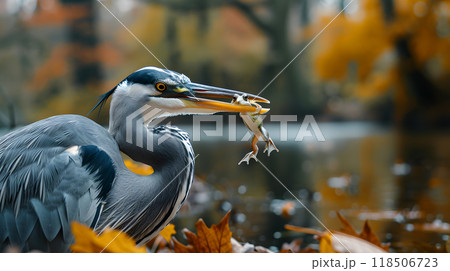 A heron skillfully catches a frog by the water\'s edge during autumn in a serene nature setting 118506723