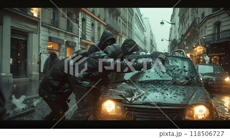 Group of individuals in black jackets pushes a vehicle along a rainy urban street during nighttime 118506727