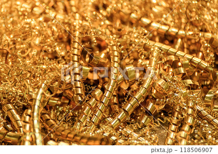 Close-up scene of the brass materials scrap from turning process. Close-up scene of the brass materials scrap from turning process. 118506907