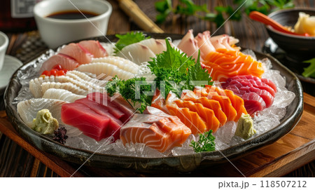 Luxurious assortment of sashimi with tuna, salmon, yellowtail, and octopus on ice with daikon and shiso 118507212
