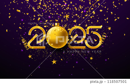 Happy New Year 2025 Illustration with Gold Number, Christmas Ball and Falling Confetti on Dark Violet Background. Holiday Design with Typography Lettering for Flyer, Greeting Card, Banner, Celebration Happy New Year 2025 Illustration with Gold Number, Christmas Ball and Falling Confetti on Dark Violet Background. Holiday Design with Typography Lettering for Flyer, Greeting Card, Banner, Celebration 118507501