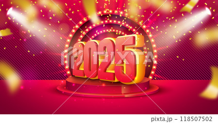 Happy New Year 2025 Illustration with 3d Number, Stage Podium and Falling Confetti on Red Background. Holiday Design with Typography Lettering for Flyer, Greeting Card, Banner, Celebration Poster Happy New Year 2025 Illustration with 3d Number, Stage Podium and Falling Confetti on Red Background. Holiday Design with Typography Lettering for Flyer, Greeting Card, Banner, Celebration Poster 118507502