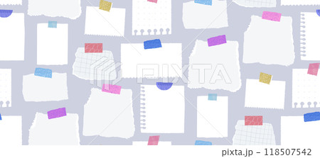 Memo notes pattern, seamless texture banner with blank paper pages taped to blue wall. Productivity concept background, to do lists, big plan template Memo notes pattern, seamless texture banner with blank paper pages taped to blue wall. Productivity concept background, to do lists, big plan template 118507542