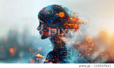 A student’s profile is creatively blended with digital elements, symbolizing the integration of technology into modern education 118507621