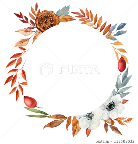 Vintage watercolor painting autumn frame with dry leaves, seed, foliage Isolated. Fall flora invitation card template 118508032