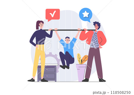 Teamwork concept in modern flat design for web. Man and woman cooperating and communicating in team, helping and supporting each other, brainstorming and finding opportunities. Illustration. 118508250