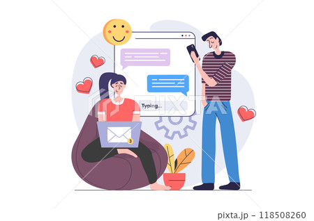 Social network concept in modern flat design for web. Woman and man sending messages in dating app, chatting with friends and using emoji and hearts, sharing information online. Illustration. Social network concept in modern flat design for web. Woman and man sending messages in dating app, chatting with friends and using emoji and hearts, sharing information online. Illustration. 118508260