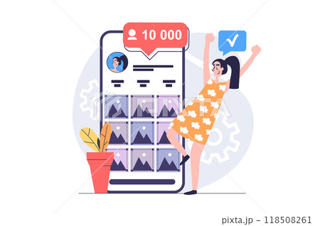 Social network concept in modern flat design for web. Woman making posts with photos in online blog, getting new follower subscriptions, developing her profile in mobile app. Illustration. Social network concept in modern flat design for web. Woman making posts with photos in online blog, getting new follower subscriptions, developing her profile in mobile app. Illustration. 118508261