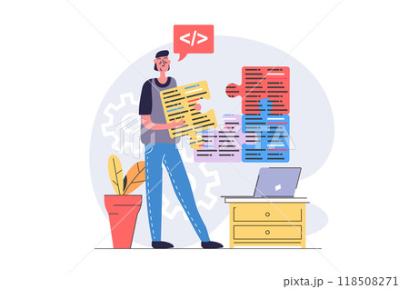 Programmers concept in modern flat design for web. Developer working with program code at laptop, engineering and improving products, brainstorming and finding best solutions. Illustration. 118508271