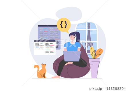 Freelance concept in modern flat design for web. Woman freelancer working online while travelling in new country, doing tasks distantly, engineering and programming in travel. Illustration. 118508294