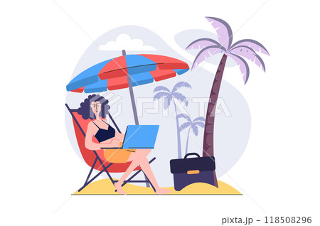 Freelance concept in modern flat design for web. Woman freelancer working online while sitting at armchair at tropical beach resort, doing tasks distantly, relaxing at vacation. Illustration. 118508296