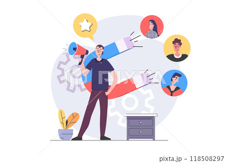 Digital marketing concept in modern flat design for web. Man with megaphone and magnet attracting new followers and customers, promoting online, making advertising campaign. Illustration. 118508297