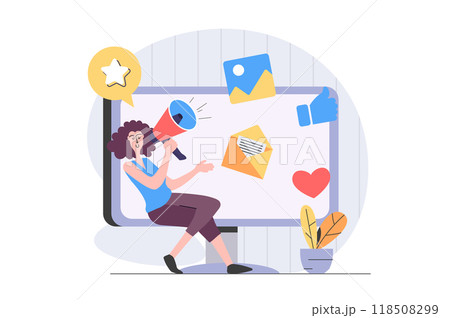 Digital marketing concept in modern flat design for web. Woman with megaphone making announcement and promotion for audience, making social media advertisement and email mailing. Illustration. 118508299