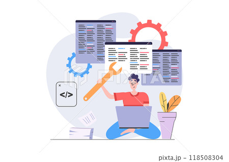 Development and programming concept in modern flat design for web. Programmer working at laptop and creating software code on screens, fixing bugs and making system maintenance. Illustration. Development and programming concept in modern flat design for web. Programmer working at laptop and creating software code on screens, fixing bugs and making system maintenance. Illustration. 118508304