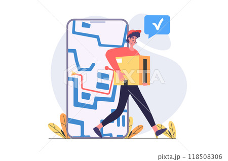 Delivery concept in modern flat design for web. Man courier shipping parcel box and distributing orders to client at home with online route tracking service in mobile application. Illustration. 118508306