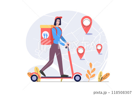 Delivery concept in modern flat design for web. Woman courier riding kick scooter and shipping food in bag, distributing orders to happy client at home with online tracking. Illustration. 118508307