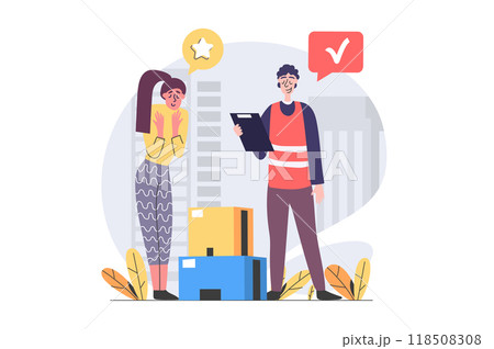 Delivery concept in modern flat design for web. Courier with clipboard shipping parcel boxes and distributing orders to happy client at home. Fast shipment and postal logistics. Illustration. 118508308
